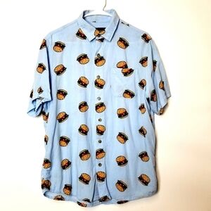 Visitor Premium Men's Light Blue Hamburger Print Shortsleeve Button Down Shirt M